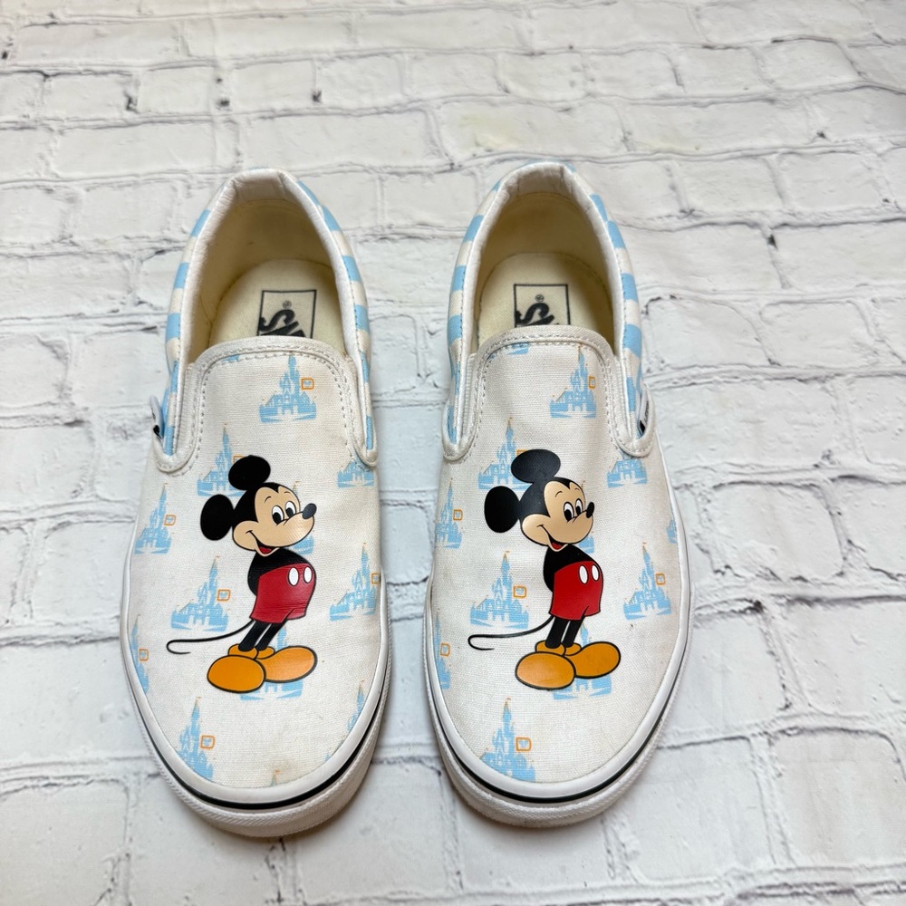 Vans White Canvas Slip-On Shoes with Mickey Mouse Graphic